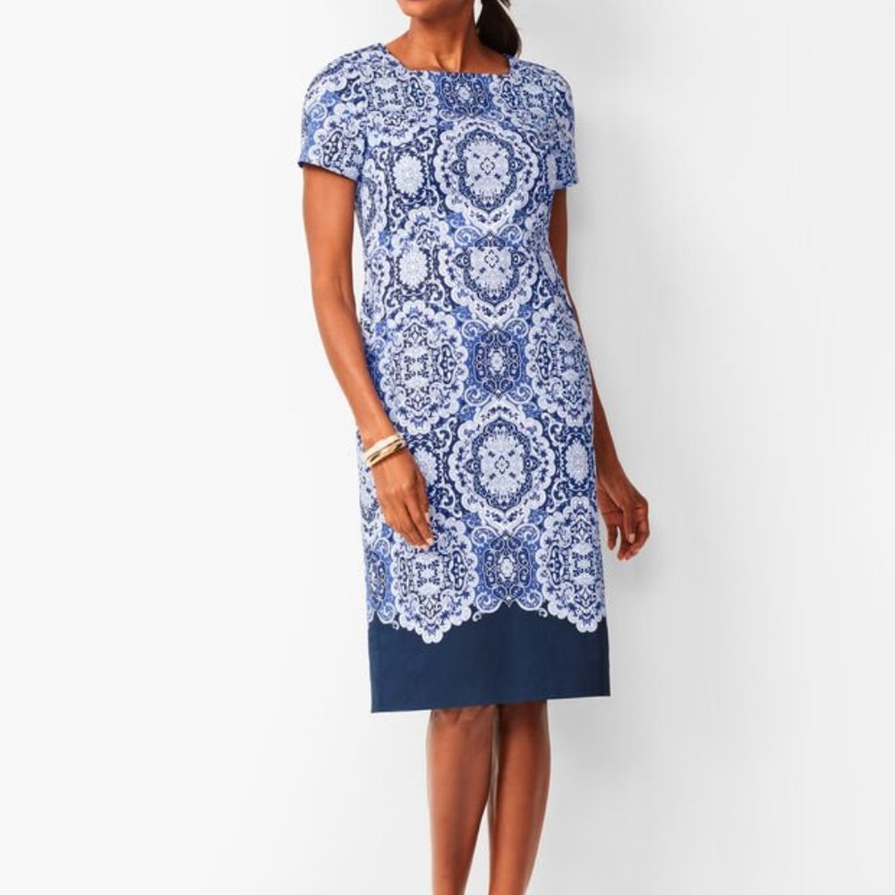 TALBOTS Medallion Dress Blue Sheath Size 2 New